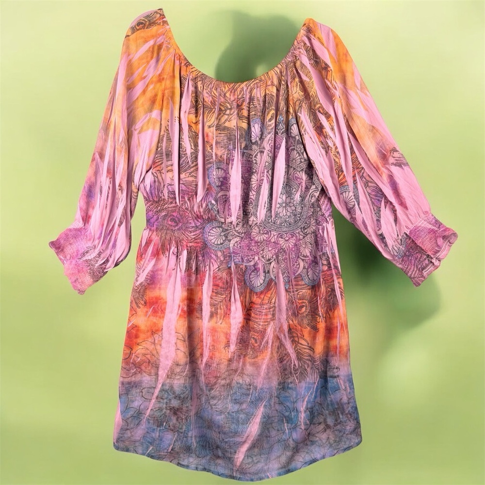 Unity World Wear Purple and Orange Boho Dress Sheer Balloon Sleeves Colorful XL - Picture 2 of 6